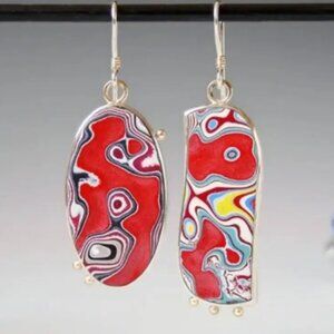Beautiful Asymmetrical Multi-Color Resin & Silver Electro-Plated Drop Earrings
